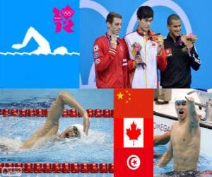 Puzle Pódio natação 1500 m livre masculino, Sun Yang (China), Ryan Cochrane (Canadá) e Oussama Mellouli (Tunísia) - Londres 2012-