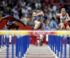 Corrida com barreira, atleta no salto de um obstáculo