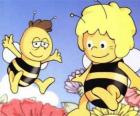A abelha Maia e seu amigo Willy voando sobre flores
