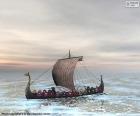 Desenho de drakkar ou navio viking ou viquingue com todos os remadores em ação e a vela inchada com o vento