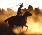 Cowboy ou vaqueiro que monta um cavalo com o lasso