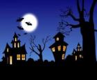 Casa encantada em Halloween - Lua cheia, morcegos