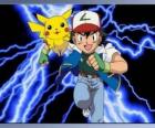 Ash, instrutor do pokémon, com seu primeiro Pokémon Pikachu