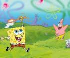 Bob Esponja e Patrick Estrela a tentar apanhar água-viva em Fenda do Bikini