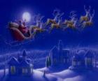Papai Noel em seu trenó mágico puxado por renas voadoras na noite de Natal
