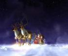 Papai Noel voando no seu trenó de Natal puxado por renas mágicas