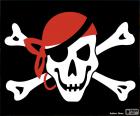 Bandeira de pirata Jolly Roger com um crânio, dois ossos e lenço vermelho