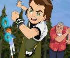 Ben 10 com o relógio alienígena Omnitrix em seu pulso ao lado de sua prima Gwen e de seu avô Max