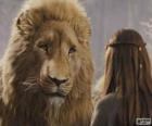 O grande leão Aslam falando com a pequena Lucy