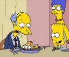 Charles Montgomery Burns olhar perplexo de três olhos de peixes que servem-lhes de comer Marge e Bart