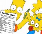 Bart Simpson com as notas da escola perante o olhar atento de suas irmãs