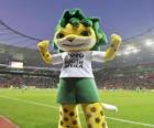 Zakumi o mascote da Copa de 2010, um leopardo bonita e simpática com cabelos verdes