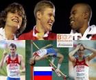 Alexander Shustov campeão High Jump, Ivan Ujov e Martyn Bernard (2 e 3) do Campeonato Europeu de Atletismo de Barcelona 2010