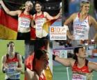 Linda Stahl campeão no dardo, Barbora Spotakova e Christina Obergföll (2 e 3) do Campeonato Europeu de Atletismo de Barcelona 2010