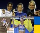 Olha Saladuha campeão do salto triplo, Simona La Mantia, Svetlana Bolshakov (2 e 3) do Campeonato Europeu de Atletismo de Barcelona 2010