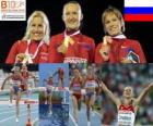 Yulia Zarudneva 3000 m com obstáculos campeão Marta Dominguez e Liubov Jarlamova (2 e 3) do Campeonato Europeu de Atletismo de Barcelona 2010