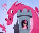 A princesa em seu castelo vigiado por um grande dragão