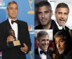 O ator George Clooney filme e televisão, ganhando um Oscar e ao Globo de Ouro