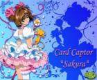 Sakura, a captora das cartas com um de seus vestidos ao lado de Kero