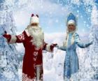 Snegurochka ou a Moça de Neve e Dyet Maros ou Avô Gelo, caracteres russos tradicionais do Natal