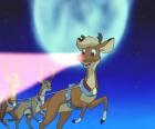 A rena Rodolfo voando em frente ao renas mágicas do trenó do Papai Noel