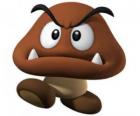 Goomba, inimigo de Mario, uma espécie de cogumelo, com os pés
