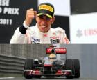 Lewis Hamilton comemora a vitória no Grande Prémio da China (2011)