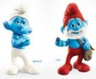 Dois personagens do filme Os Smurfs - Ranzinza  e Papai Smurf -