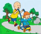 Caillou dando um passeio com a irmã no carrinho