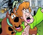 Scooby-Doo e seu amigo Salsicha fugindo assustados