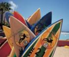 Surfboards na areia da praia na temporada de verão