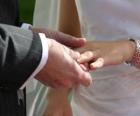 A mão da noiva com o anel e a mão do noivo