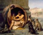 O filósofo grego Diógenes de Sinope, no seu barril, nas ruas de Atenas