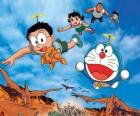 O gato Doraemon com seus amigos Nobita, Shizuka, Suneo e Takeshi