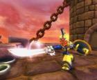 Skylander Chop Chop, um guerreiro durão com espada e escudo. Skylanders Mortos vivos