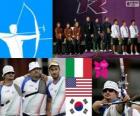 Pódio equipes do homens tiro com arco, Itália, Estados Unidos e Coréia do Sul - Londres 2012-