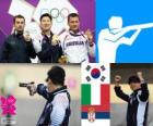 Pódio tiro, pistola de ar 10 m masculino, Jin Jingoh (Coréia do Sul), Luca Tesconi (Itália) e Andrija Zlatić (Sérvia)