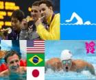 Podium natação nos 400 m Medley Masculino, Ryan Lochte (Estados Unidos), Thiago Pereira (Brasil) e Kosuke Hagino (Japão) - Londres 2012 - 