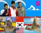 Podium Natação 400 m freestyle homens, Sun Yang (China), Park Tae-Hwan (Sul da Coréia) e Peter Vanderkaay (Estados Unidos) - Londres 2012-