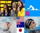 Podio natação 100m estilo costas mulheres, Missy Franklin (Estados Unidos), Emily Seebohm (Austrália) e Aya Terakawa (Japão) - Londres 2012-