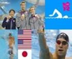 Podio natação 100m estilo costas masculinos, Matt Grevers, Nick Thoman (Estados Unidos) e Ryosuke Irie (Japão) - Londres 2012-