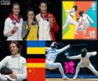 Podio esgrima espada individual feminino, Yana Shemiakina (Ucrânia), Britta Heidemann (Alemanha) e Sun Yujie (China) - Londres 2012-