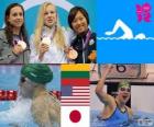 Podio natação 100 m bruços femininos, Rūta Meilutytė (Lituânia), Rebecca Soni (Estados Unidos) e Satomi Suzuki (Japão) - Londres 2012-