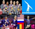 Podio ginástica artística por equipes feminino, Estados Unidos, Rússia e Roménia - Londres 2012-