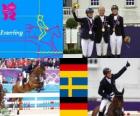 Pódio Equitação concurso completo individual, Michael Jung (Alemanha), Sara Algotsson Ostholt (Suécia) e Sandra Auffahrt (Alemanha) - Londres 2012-