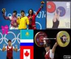 Podio Halterofilismo Até 63 kg feminina, Mauá Marques (Cazaquistão), Svetlana Tsarukayeva (Rússia) e Christine Girard (Canadá) - Londres 2012-