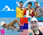 Podium Natação 200m individual feminina combinado, Shiwen Ye (China), Alicia Coutts (Austrália) e Caitlin Leverenz (Estados Unidos) - Londres 2012-