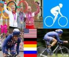 Pódio ciclismo de estrada contra o relógio feminino, Kristin Armstrong (Estados Unidos), Judith Arndt (Alemanha) e Olga Zabelinskaya (Rússia) - Londres 2012-