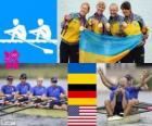 Pódio Remo Skiff quádruplo feminino, Ucrânia, Alemanha e Estados Unidos - Londres 2012-