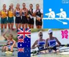 Pódio remo dois sem timoneiro Feminino, Helen Glover, Heather Stanning (Reino Unido), Kate Hornsey, Sarah Tait (Austrália) e Juliette Haigh, Rebecca Susana Silva (Nova Zelândia) - Londres 2012 -